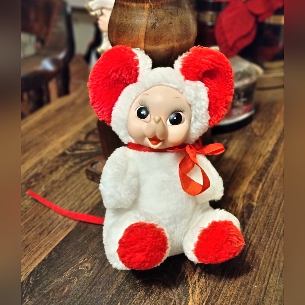 1950s Rare Find red and white Rushton rubber face plush mouse. 8"
